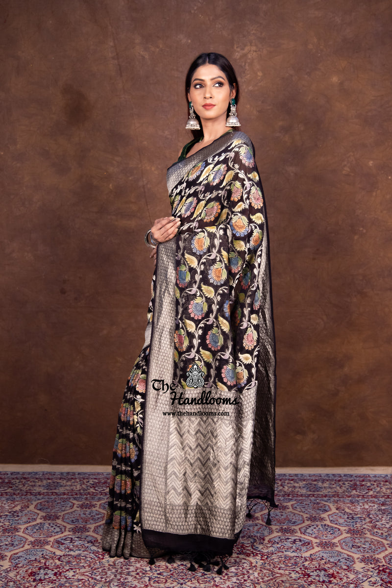 Black Pure Khaddi Georgette Banarasi Saree - water zari - The Handlooms