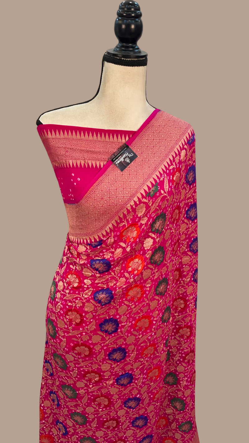 Pure Georgette Banarasi Bandhej Handloom Saree - with meenakari work - The Handlooms