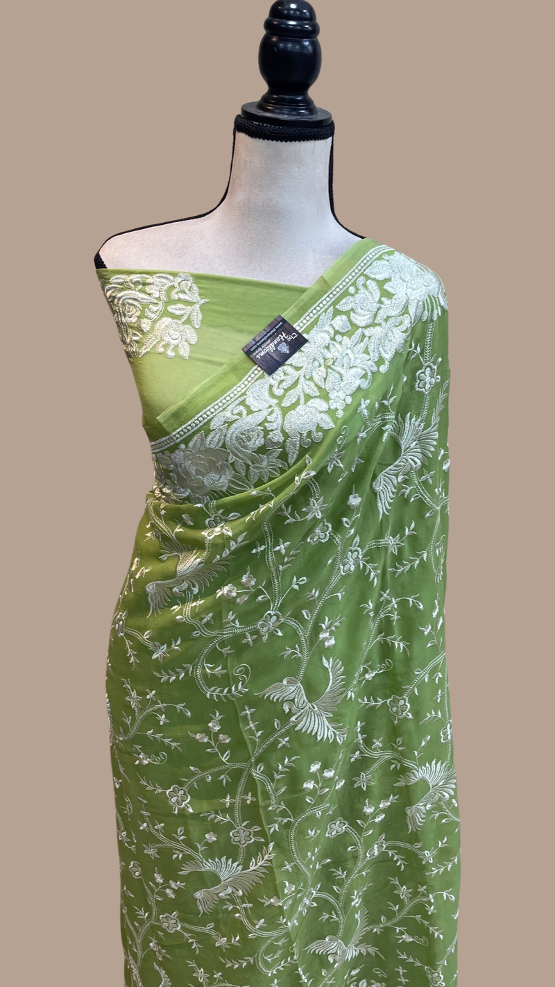 Pure Georgette Chikankari Handloom Banarasi Saree - The Handlooms