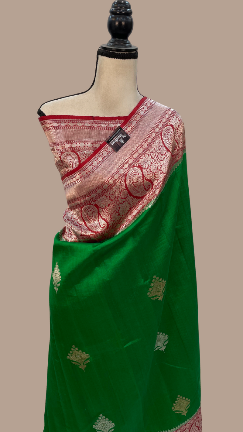 Green Pure Katan Silk Banarasi Handloom Saree - All over Kadua motifs - The Handlooms