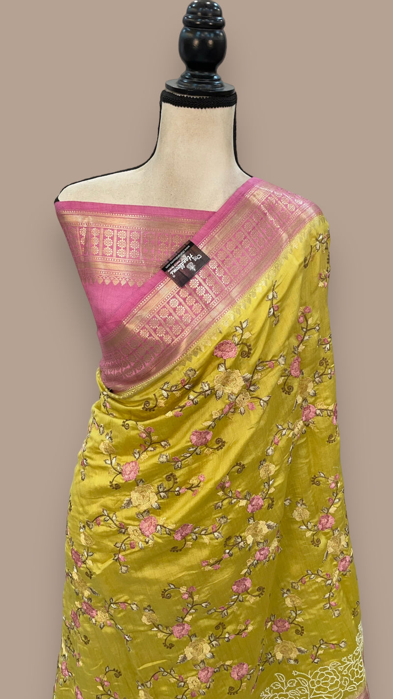 Pure Chiniya Silk Handloom Banarasi Saree with Chikankari - The Handlooms