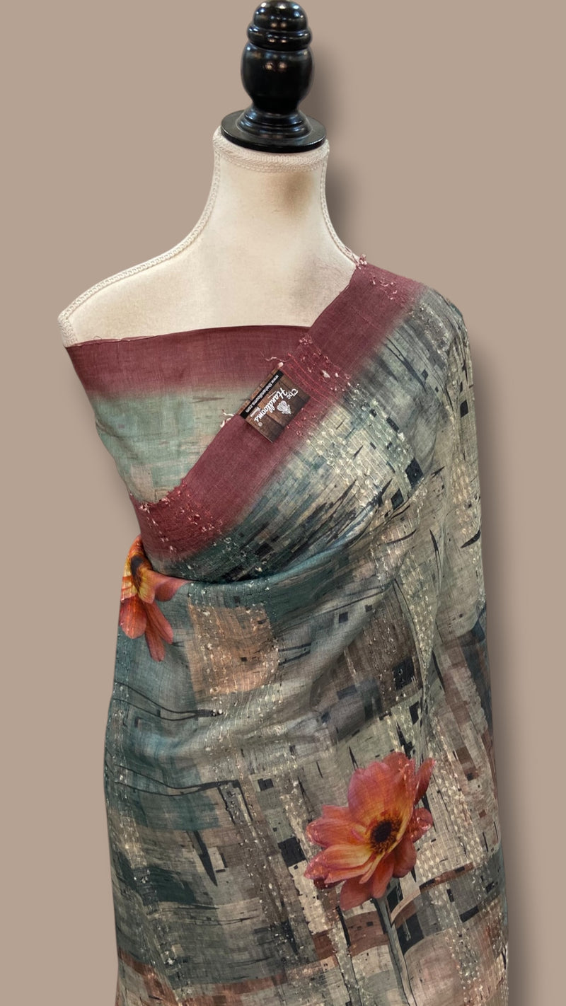Pure Tussar Silk Handloom Banarasi Saree With Digital Print