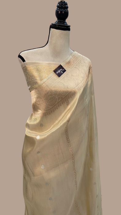 Pure Kora Katan Silk Banarasi Handloom All over Sona Roopa Saree With Stripe