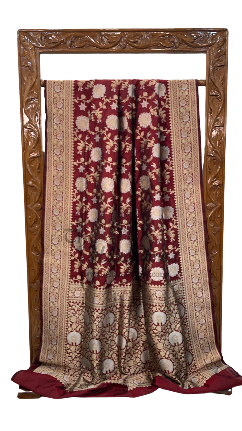 Maroon Pure Katan Silk Banarasi Handloom Saree - All Over Sona Roopa Jaal Work - The Handlooms