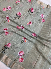 Pure Georgette Chikankari with Digital Print Handloom Banarasi Saree - The Handlooms