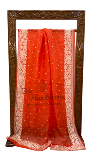 Orange Pure Organza Chikankari Handloom Banarasi Saree - The Handlooms