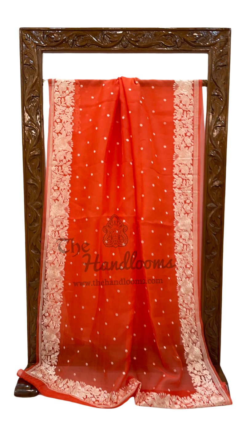 Orange Pure Organza Chikankari Handloom Banarasi Saree - The Handlooms