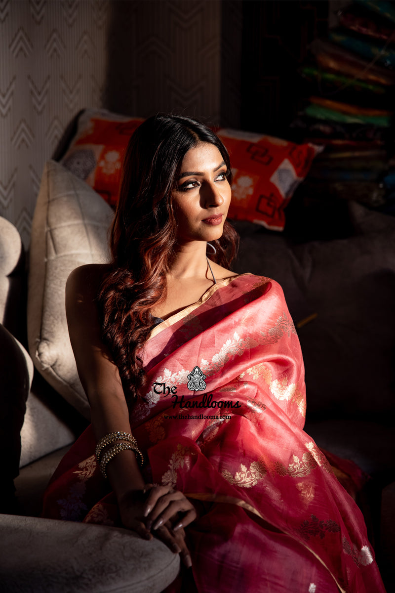 Onion Pink Pure Kora Handloom Banarasi Saree - The Handlooms