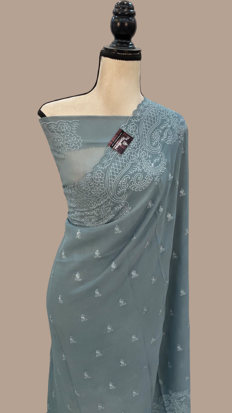 Pure Georgette Chikankari Handloom Banarasi Saree - The Handlooms