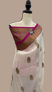 Off-white Pure Kora Handloom Banarasi Saree - The Handlooms