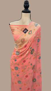Peach Khaddi Georgette Handloom Banarasi Saree - All over Jaal Work With Meenakari - The Handlooms
