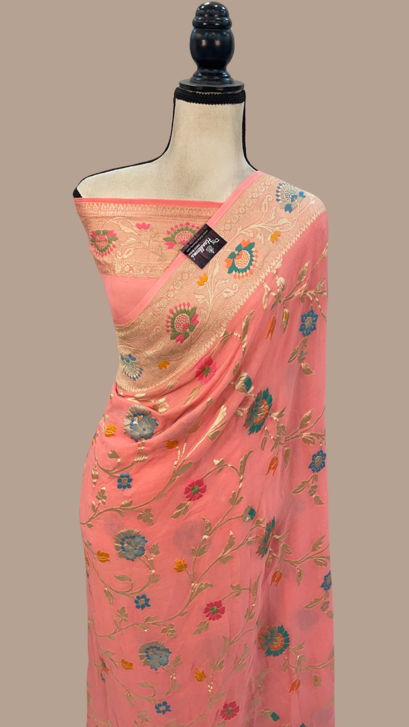 Peach Khaddi Georgette Handloom Banarasi Saree - All over Jaal Work With Meenakari - The Handlooms