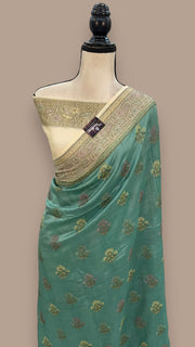 Turquoise Pure Butter Crepe Banarasi Saree - The Handlooms
