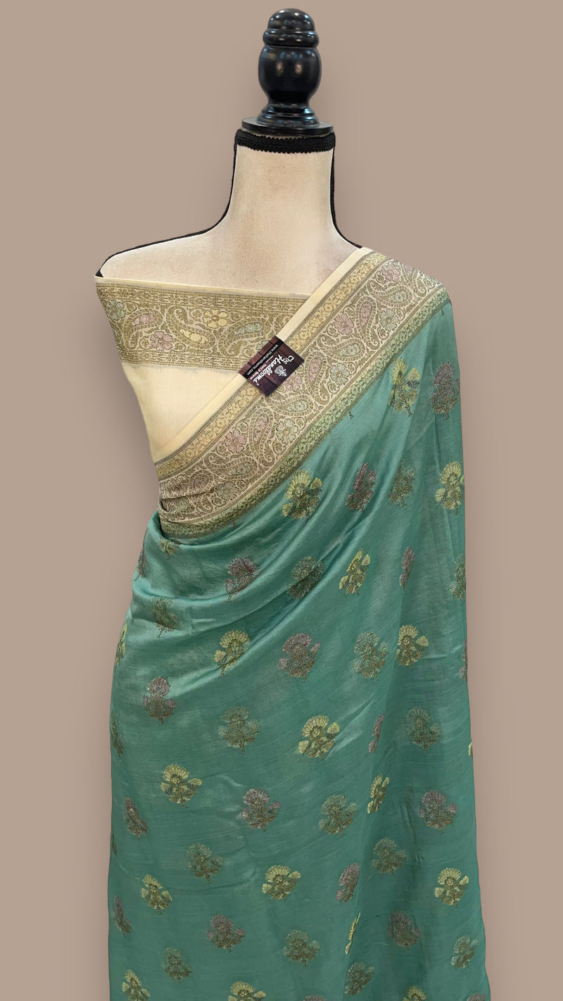 Turquoise Pure Butter Crepe Banarasi Saree - The Handlooms