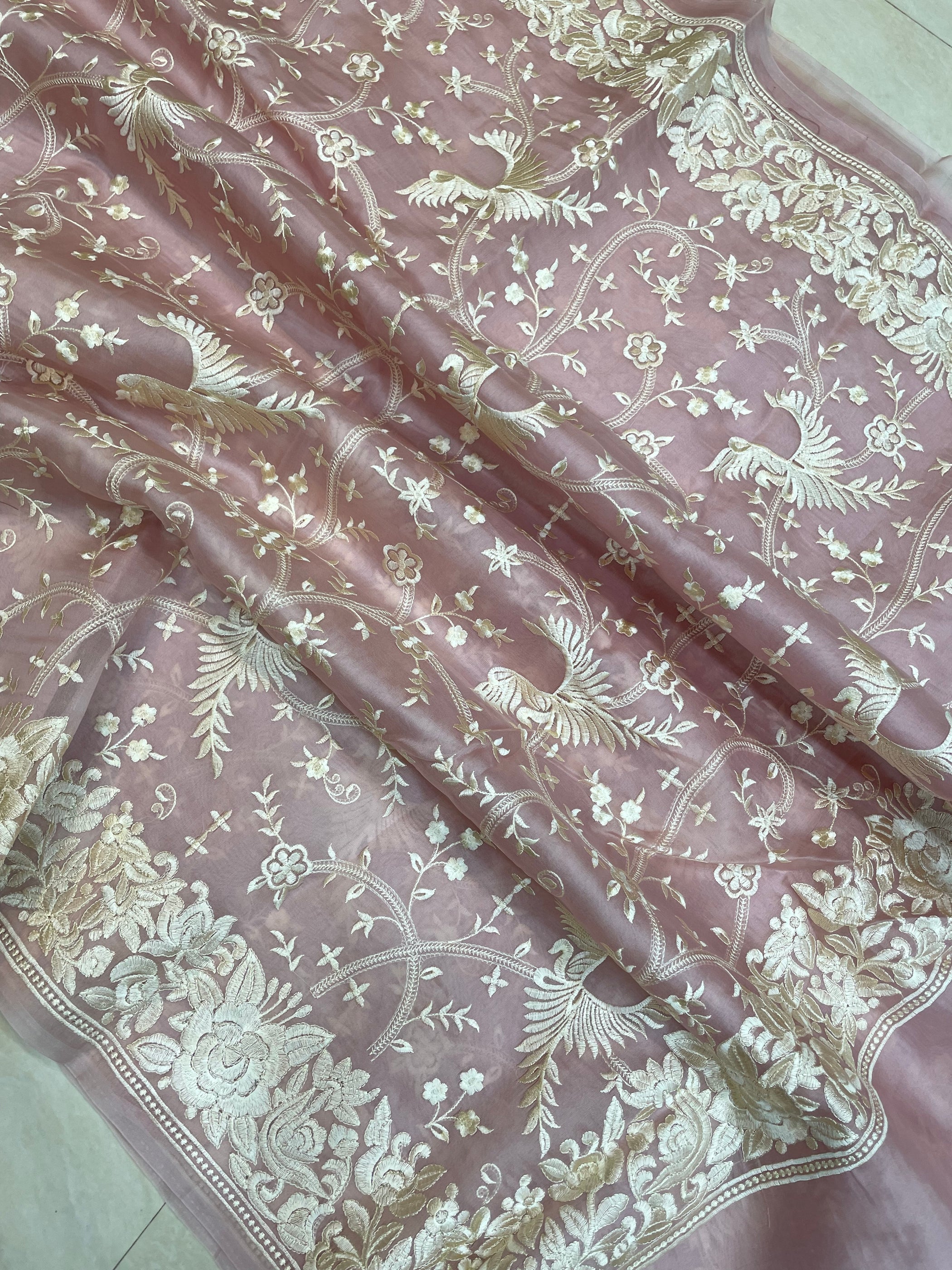 Onion Pink Pure organza Chikankari Handloom Banarasi Saree — The Handlooms