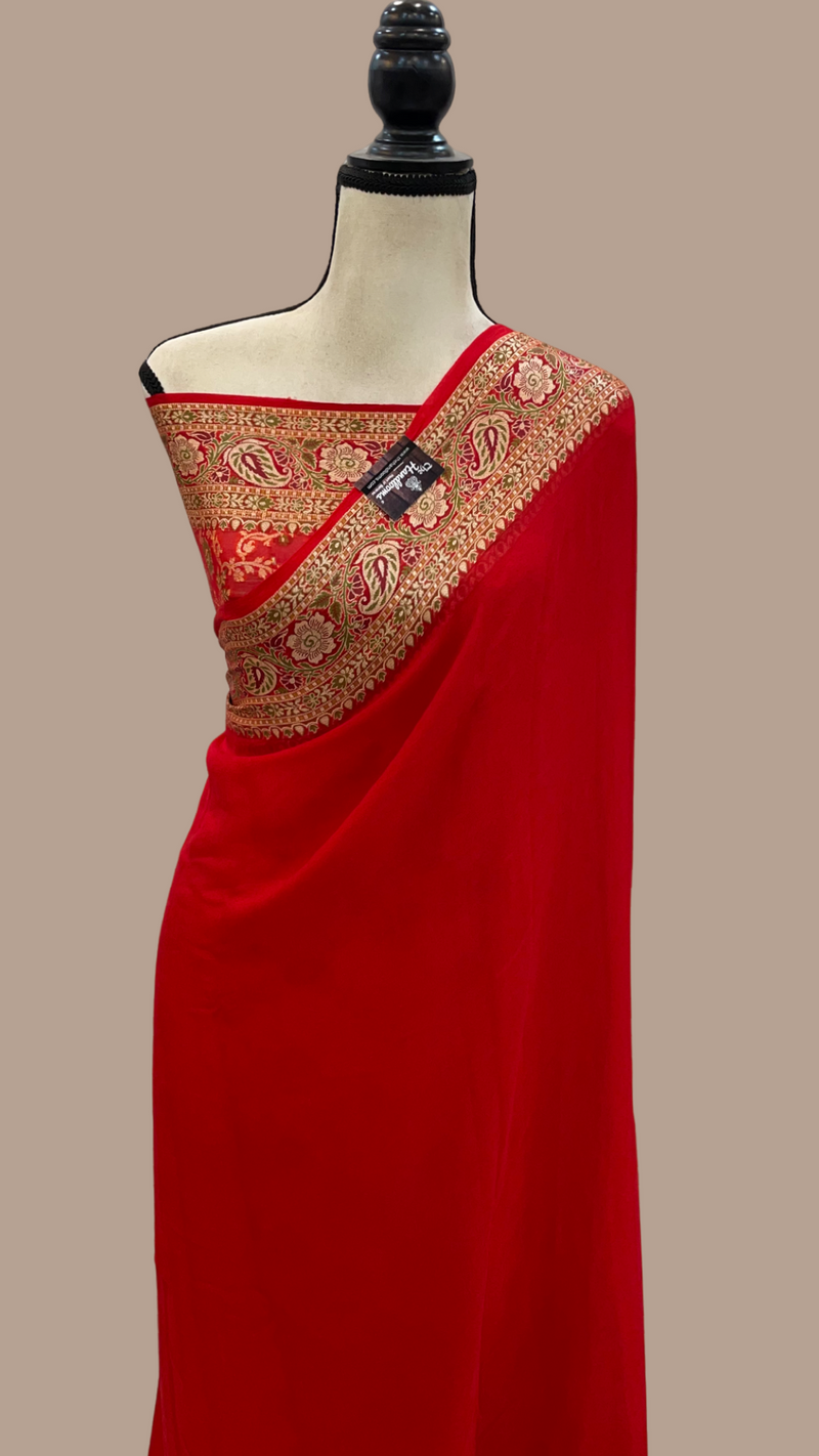Red Pure Chiffon Khaddi Banarasi Saree - The Handlooms