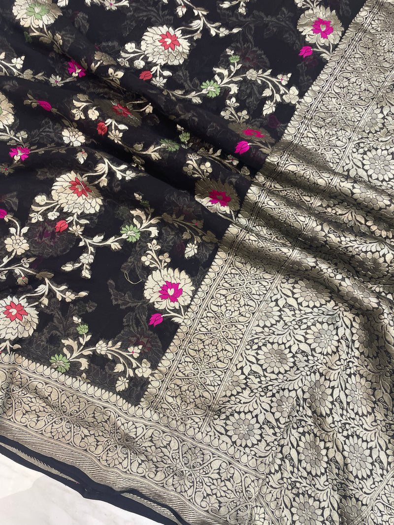 Black Khaddi Georgette Handloom Banarasi Saree - Tilfi - The Handlooms