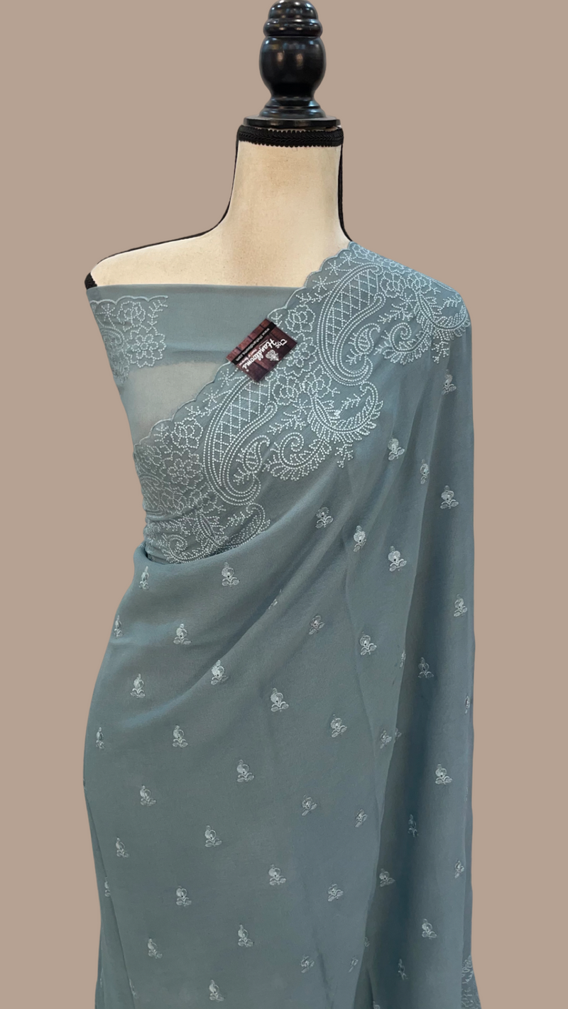 Pure Georgette Chikankari Handloom Banarasi Saree - The Handlooms