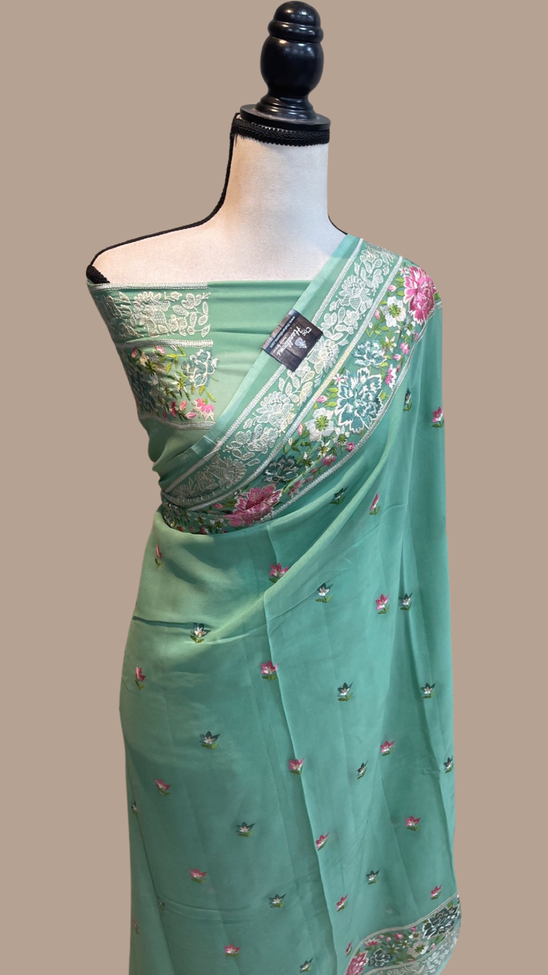 Pure Georgette Chikankari Handloom Banarasi Saree - The Handlooms