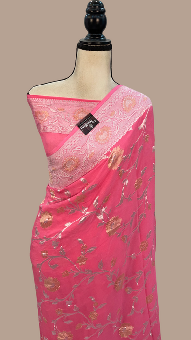 Pink Khaddi Georgette Handloom Banarasi Saree - All over Roopa Sona Jaal Work