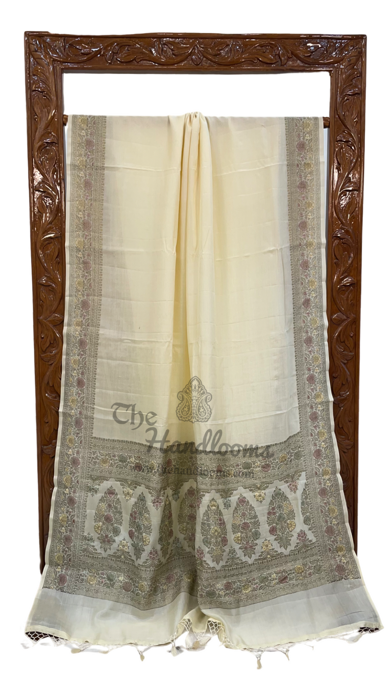 Off-white Pure Butter Crepe Banarasi Saree - The Handlooms