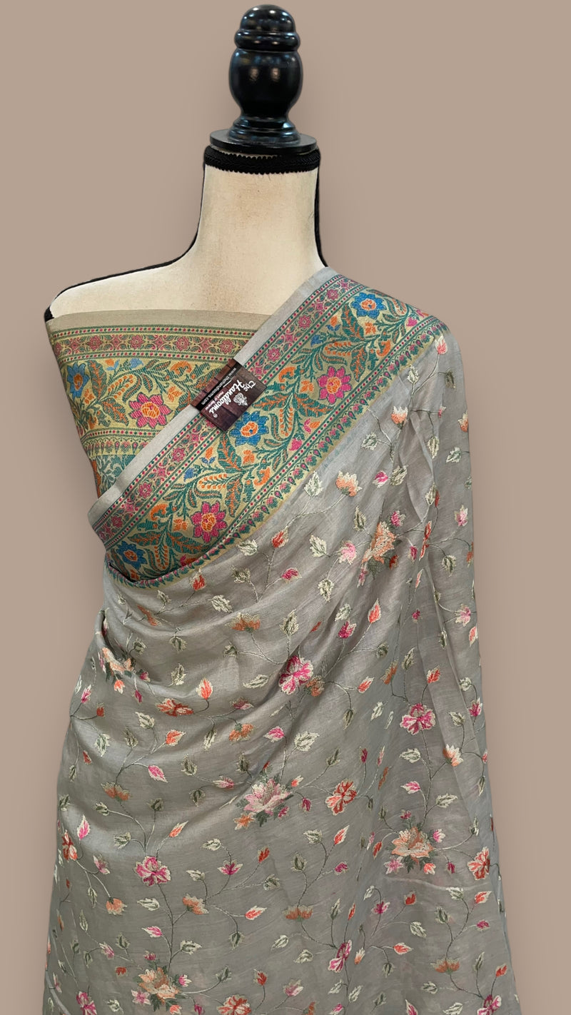 Tussar Silk Handloom Banarasi Saree With Chikankari - The Handlooms