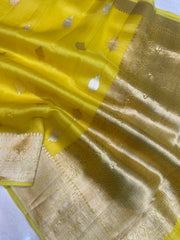 Yellow Pure Kora Handloom Banarasi Saree - Sona Roopa Alfi Kadua Boota - The Handlooms
