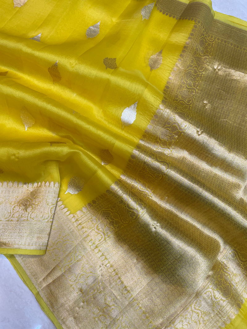 Yellow Pure Kora Handloom Banarasi Saree - Sona Roopa Alfi Kadua Boota - The Handlooms