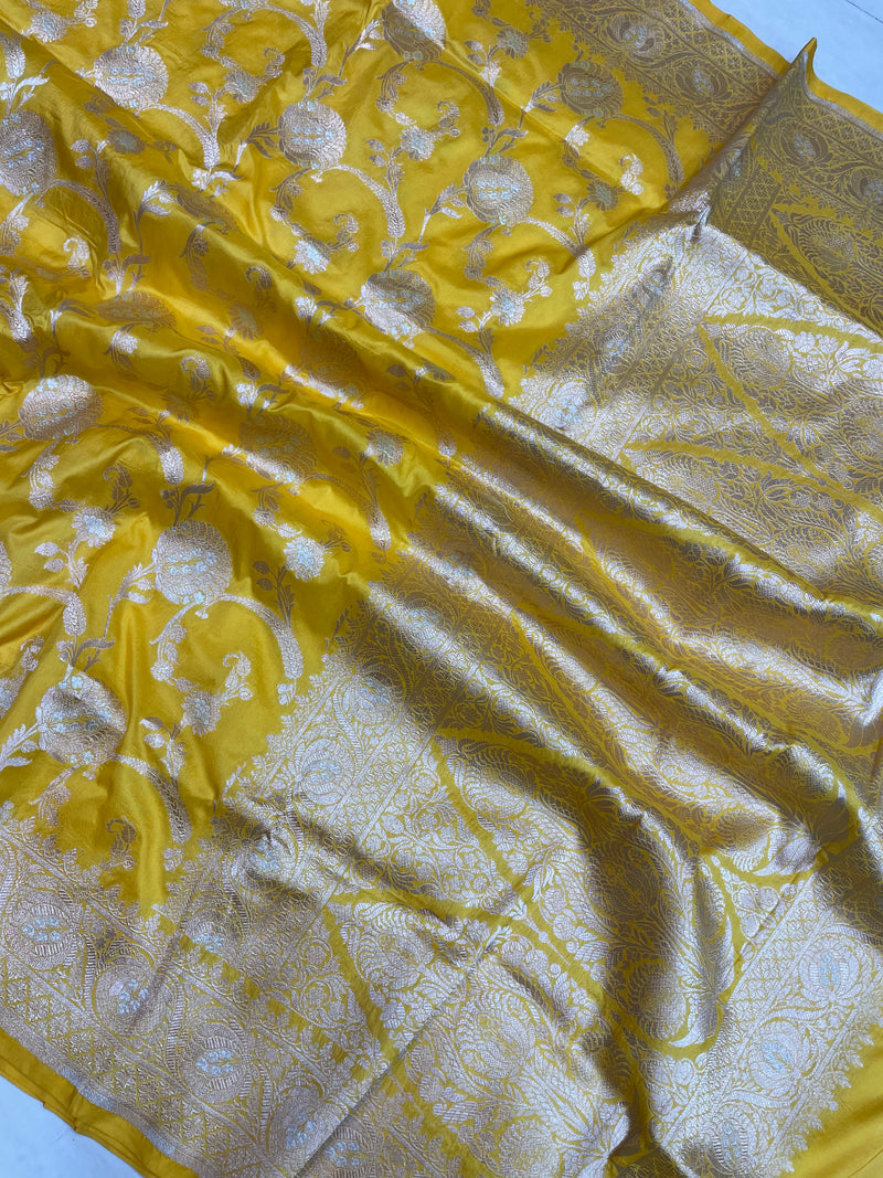 Pure Katan Silk Banarasi Handloom Saree - All over Sona Roopa Jaal work - The Handlooms