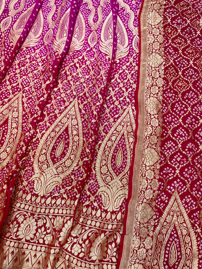 Pure Khaddi Georgette Bandhani Handloom Banarasi Lehenga - The Handlooms