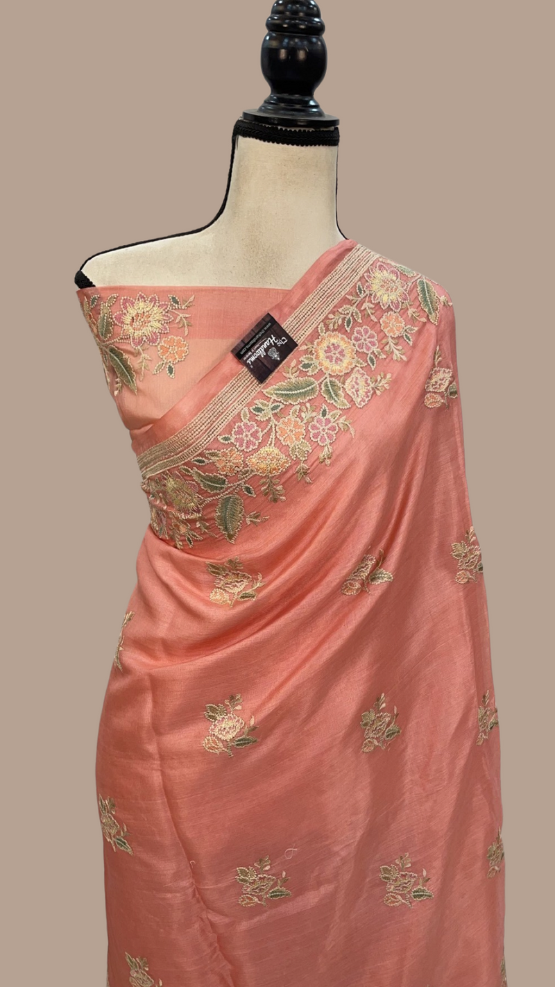 Tussar Silk Handloom Banarasi Saree With Chikankari - The Handlooms