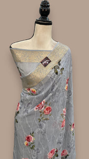 Pure Georgette  Digital Print with Chikankari Handloom Banarasi Saree - The Handlooms