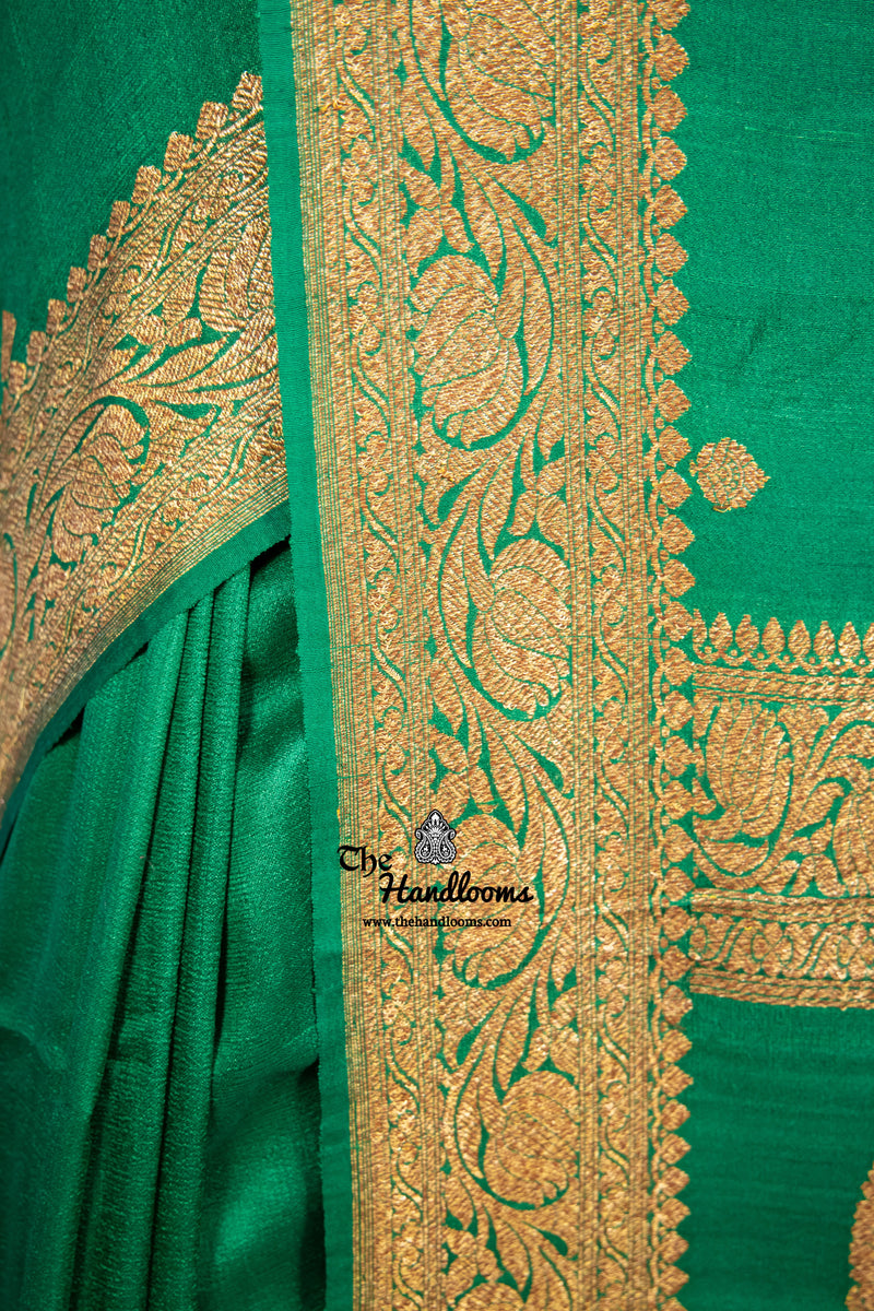 Green Pure Tussar Georgette Handloom Banarasi Saree - All over kadua motifs - The Handlooms