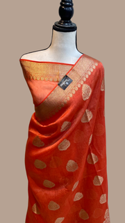 Orange Pure Linen Banarasi Saree - The Handlooms