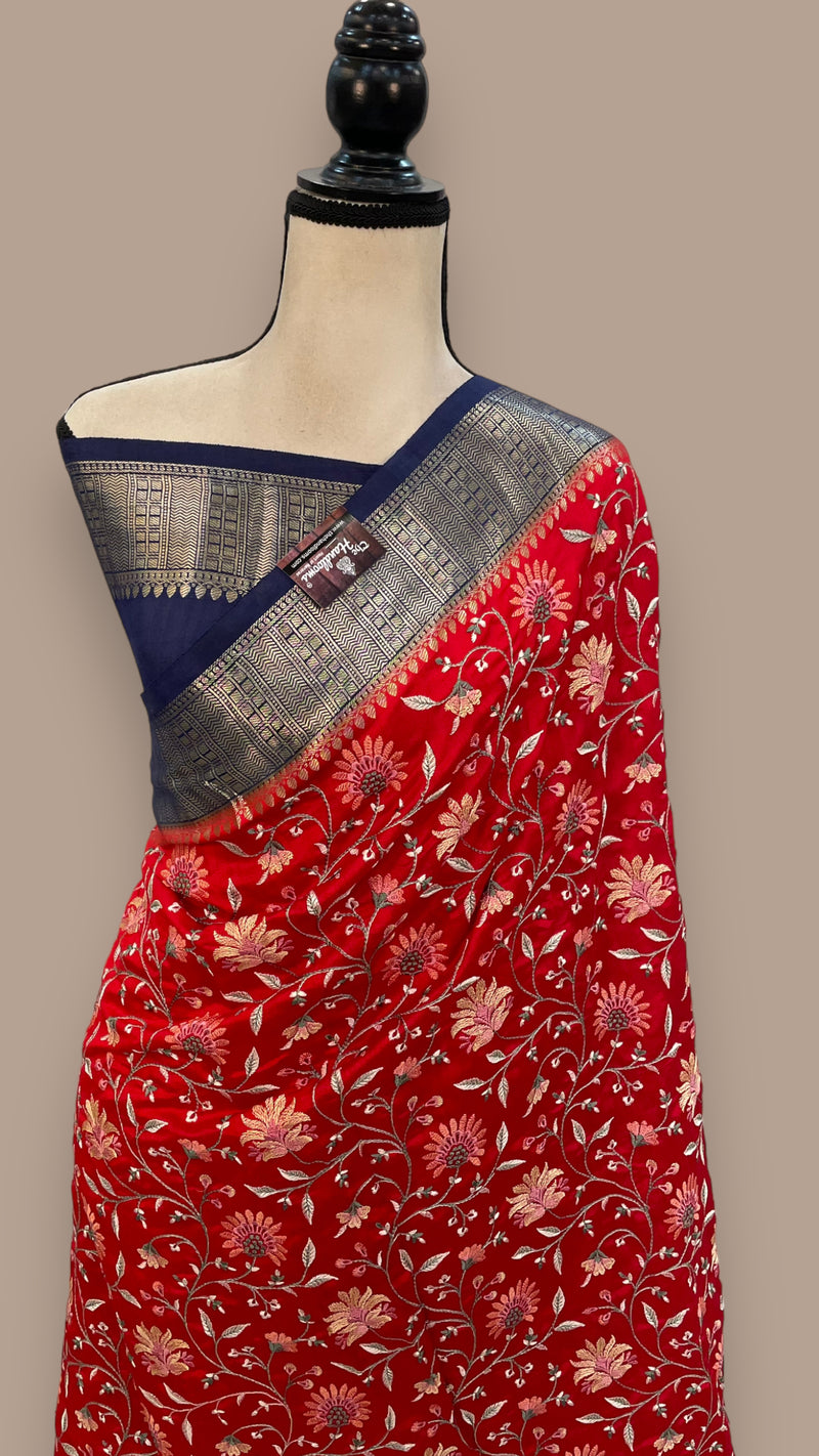 Pure Chiniya Silk Handloom Banarasi Saree with Chikankari - The Handlooms