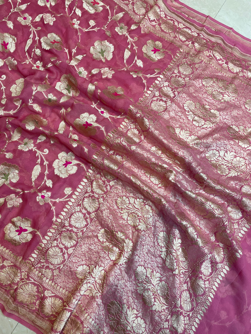 Khaddi Georgette Handloom Banarasi Saree - All over Jaal Work with meenakari - The Handlooms