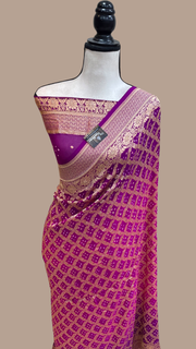 Dual Shade Pure Georgette Banarasi Bandhej Handloom Saree - The Handlooms