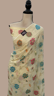 Off-white Pure Khaddi Georgette Handloom Banarasi Saree - All over Jaal Work With Meenakari - The Handlooms