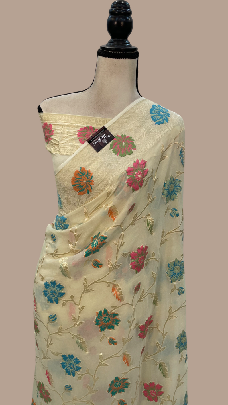 Off-white Pure Khaddi Georgette Handloom Banarasi Saree - All over Jaal Work With Meenakari - The Handlooms