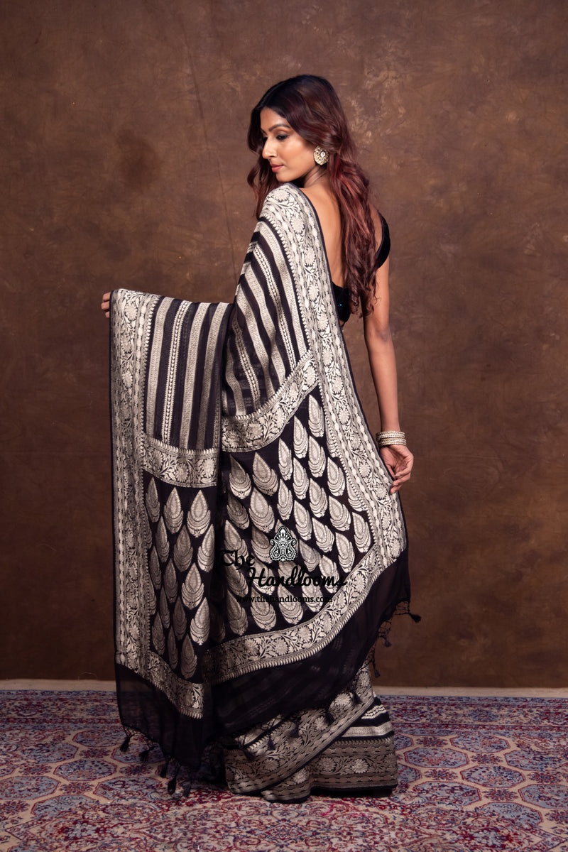 Black Khaddi Georgette Handloom Banarasi Saree - The Handlooms