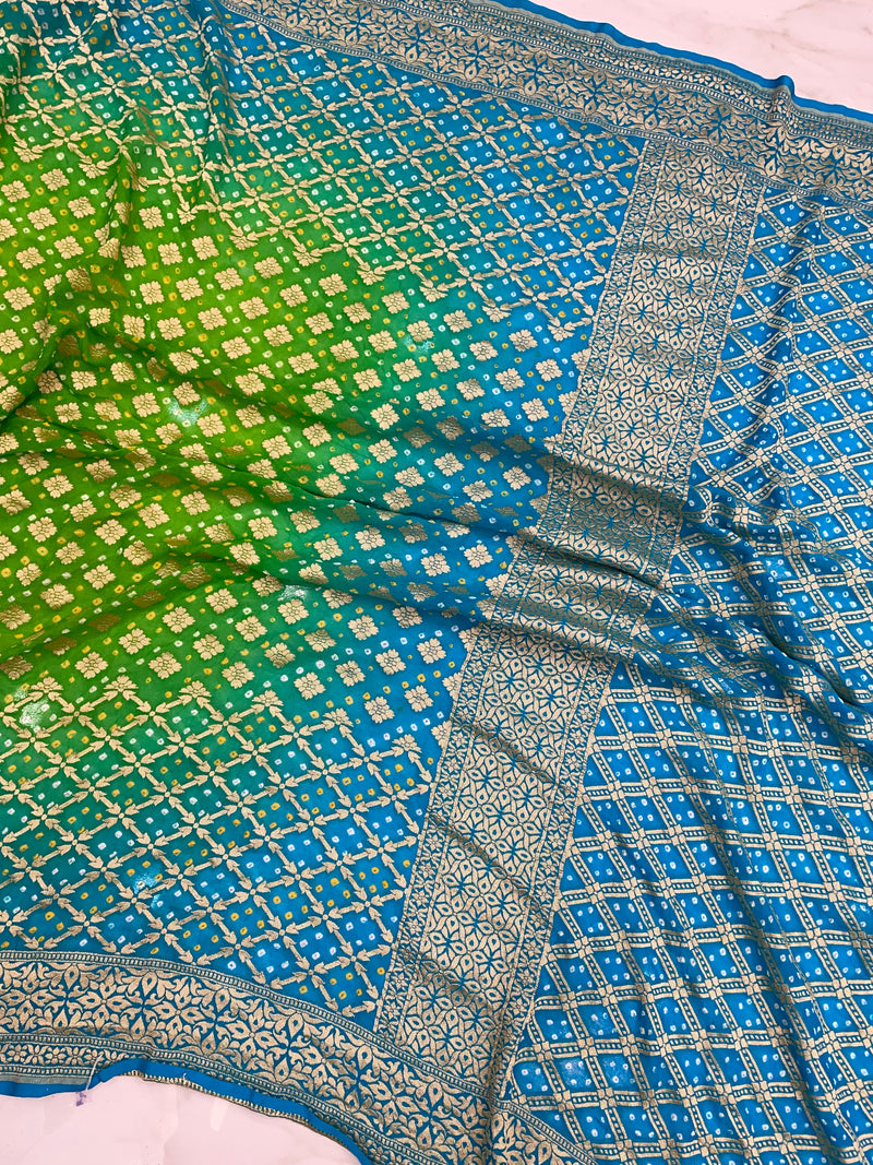 Dual Shade Pure Georgette Banarasi Bandhej Handloom Saree - The Handlooms