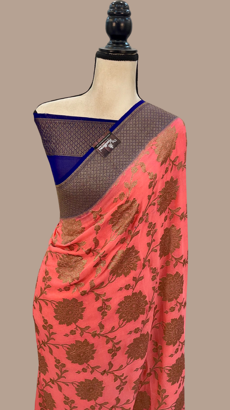 Khaddi Georgette Handloom Banarasi Saree -  Antique zari - The Handlooms