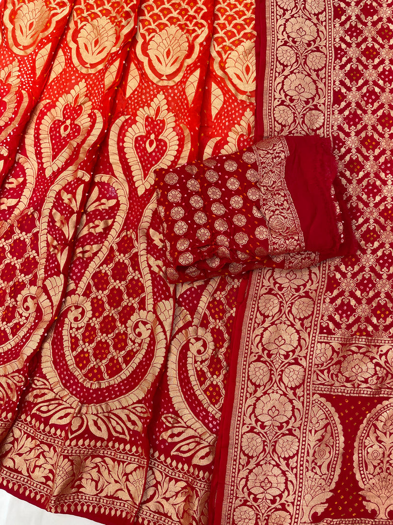 Pure Khaddi Georgette Bandhani Handloom Banarasi Lehenga - The Handlooms