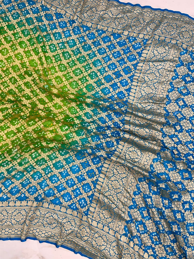 Dual Shade Pure Georgette Banarasi Bandhej Handloom Saree - The Handlooms