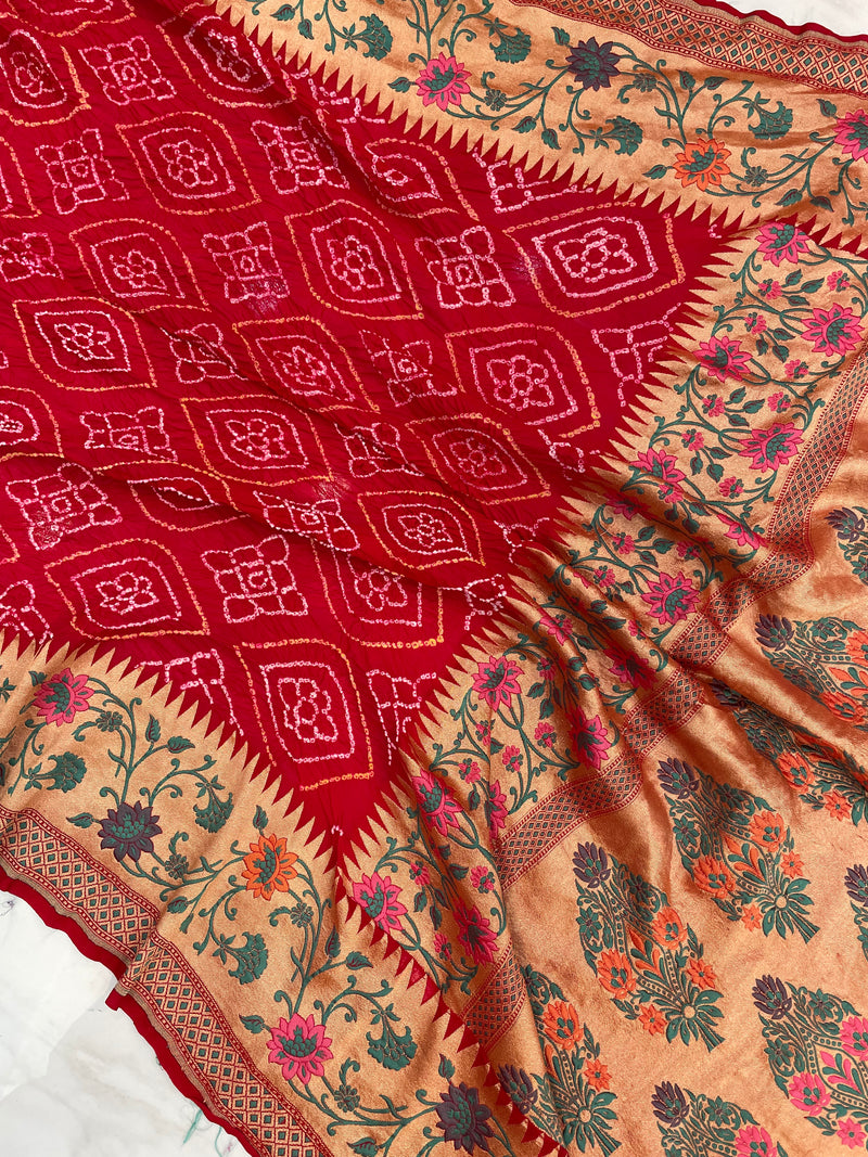 Pure Georgette Banarasi Bandhej Handloom Saree - with meenakari work - The Handlooms