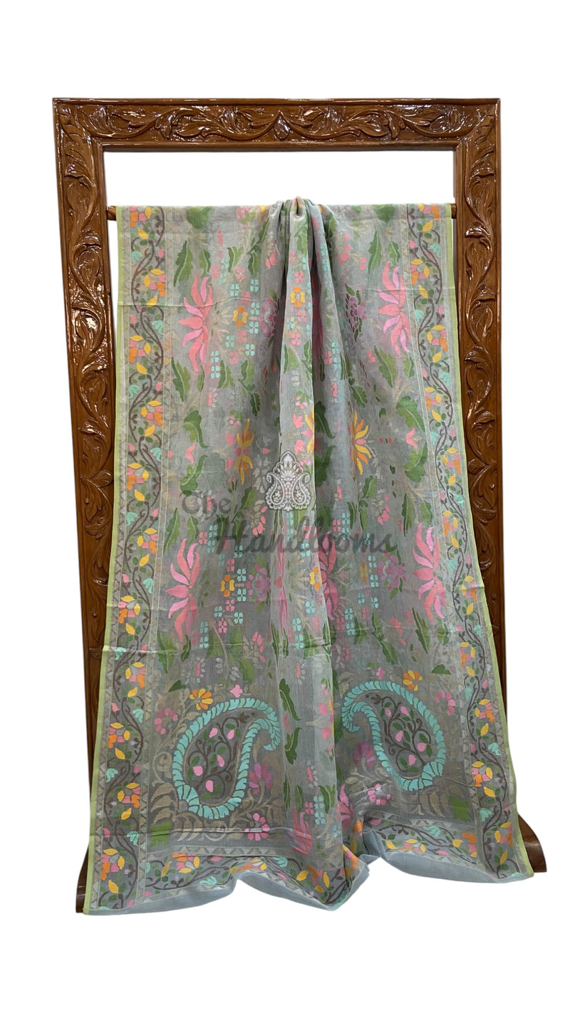 Real Zari Pure Cotton Jamdani Silk Banarasi Handloom Saree - All Over Kadiyal Jaal Work