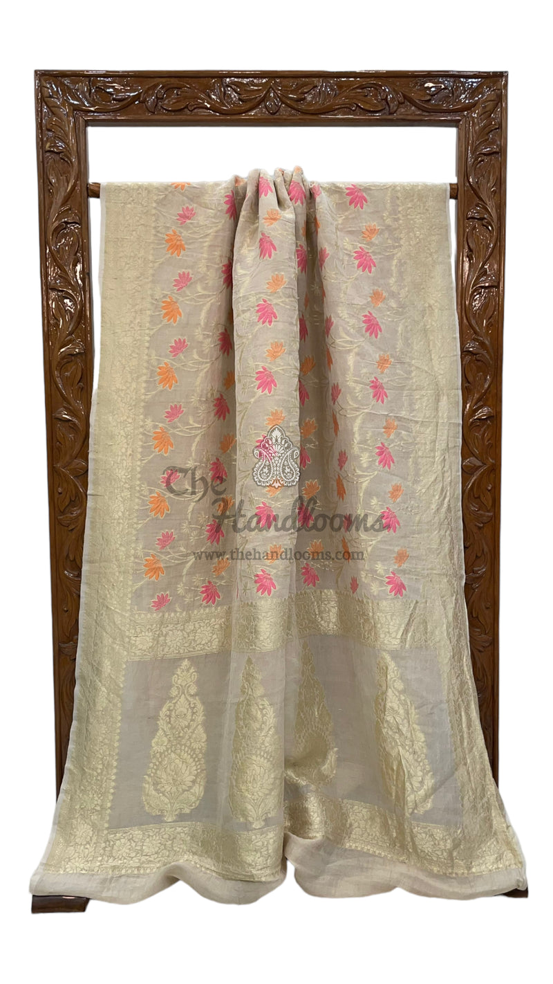 Pure Tussar Georgette Handloom Banarasi Saree - All over Jaal Work with meenakari - The Handlooms