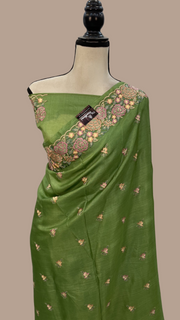 Tussar Silk Handloom Banarasi Saree With Chikankari - The Handlooms