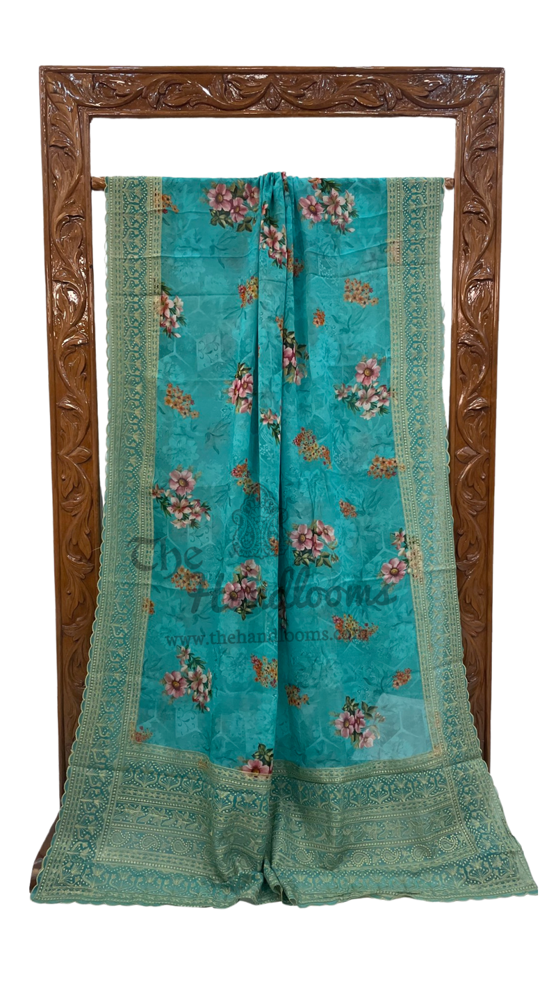 Pure Georgette Digital Print with Chikankari Handloom Banarasi Saree - The Handlooms