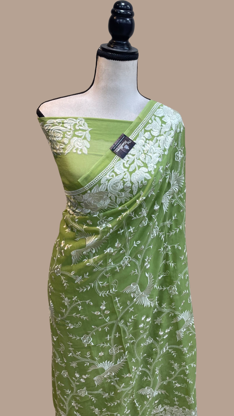 Pure Georgette Chikankari Handloom Banarasi Saree - The Handlooms